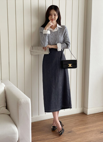 Perroche Stitch Denim Wrap Banding Skirt